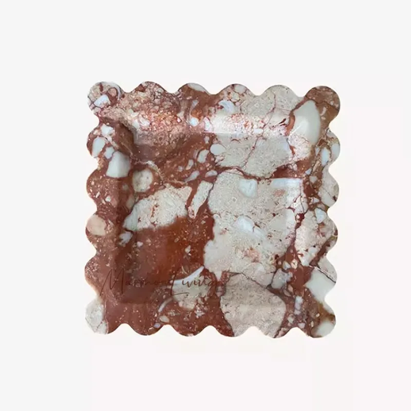 French Natural Marble Scalloped Tray Designer Villa Desktop Calacatta Red Stone Storage Tray Decorative Decoration