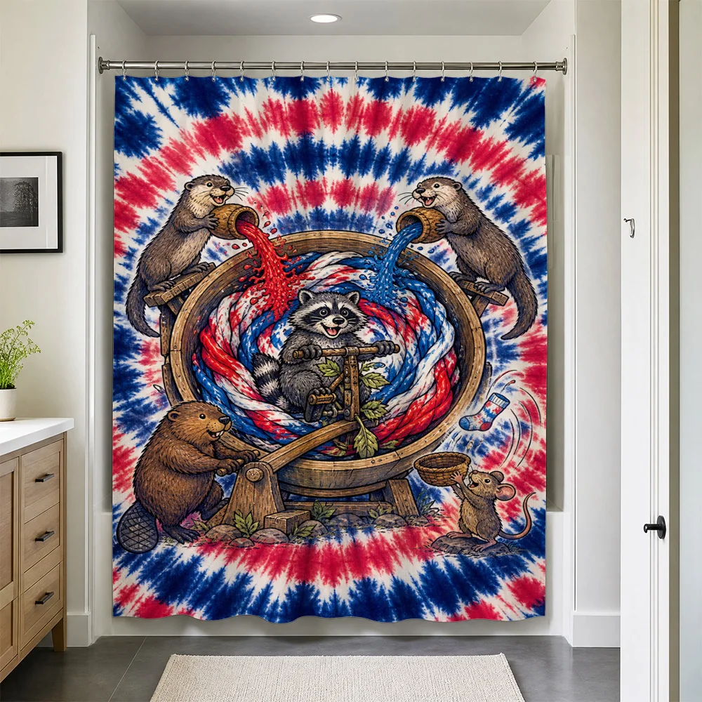 Cute Otter Family Tie Dye Pattern Shower Curtain Bathroom Decor American Patriotic Wildlife curtain liner for Home