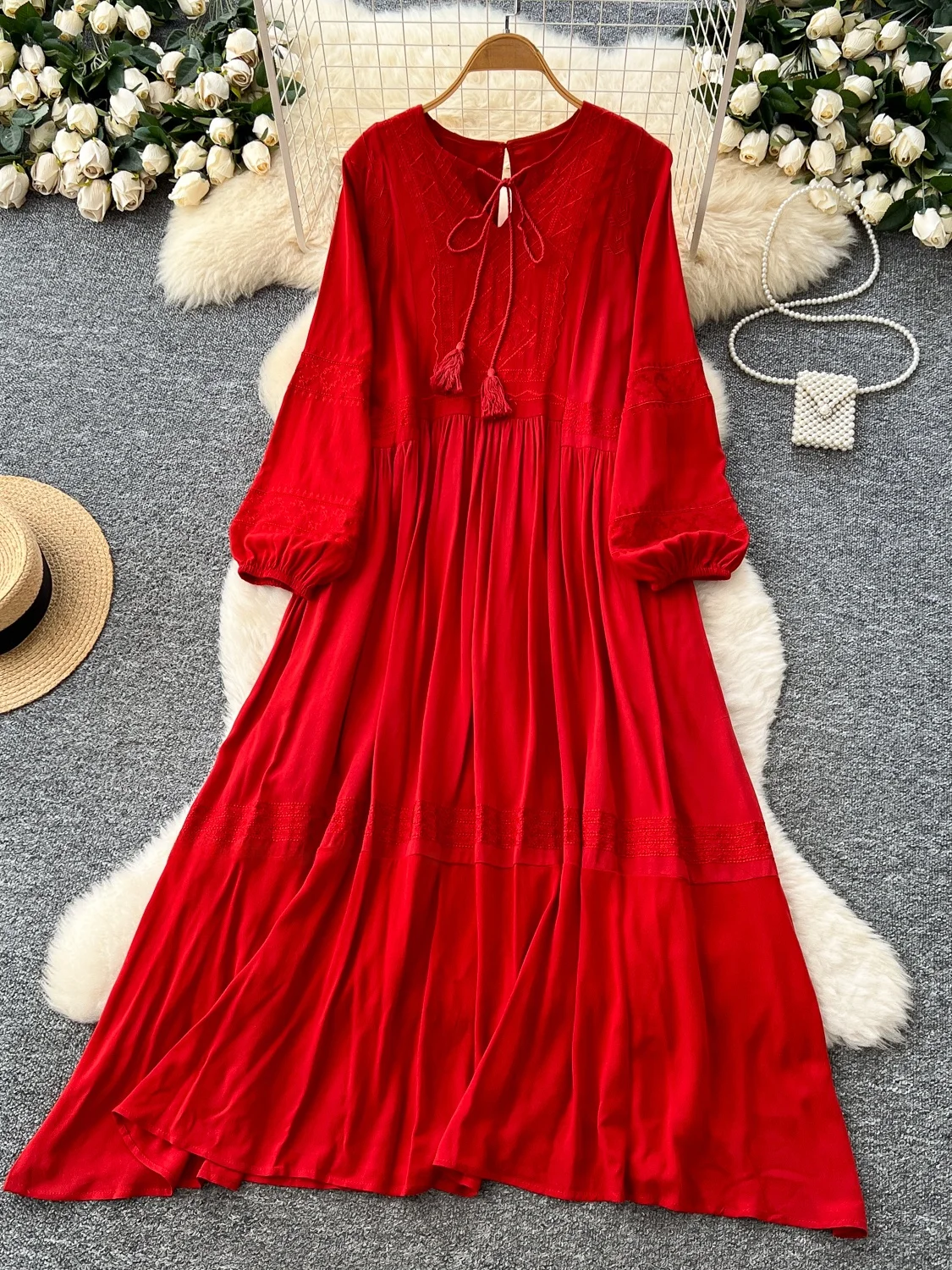 우아한 자수 루즈핏 랜턴 소매 라운드 넥 드레스 여성용 가을 롱 가운 프렌치 스타일 하이 웨이스트 A라인 스커트