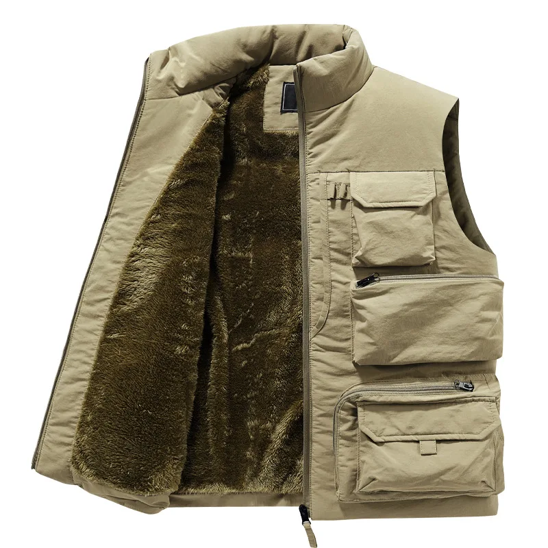 Winter Sleeveless Mens Jacket Khaki Waistcoat Thick Warm Fleece Work Cargo Vest Windbreaker Fashion Pocket Coat Big Size