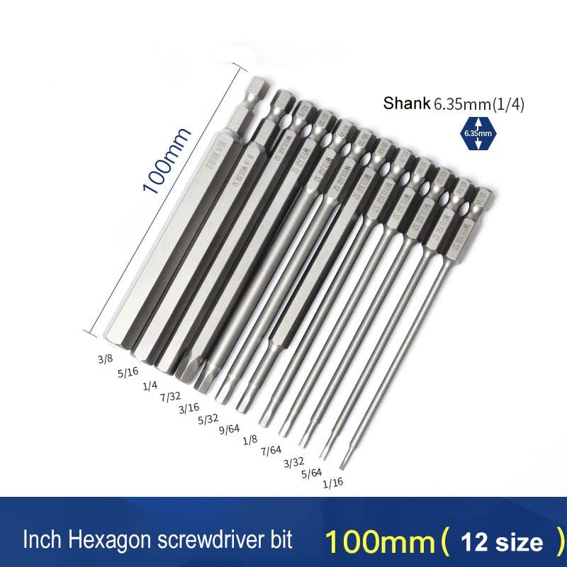 12pcs/set Magnetic 1/4\' 6.35mm Hex Shank Inch Hexagon Screwdriver Bit 1/16 5/64 3/32 7/64 1/8 9/64 5/32 3/16 7/32 1/4 5/16 3/8