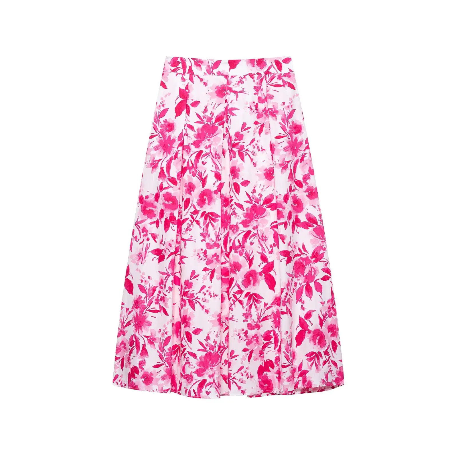 Zevity 2025 New Women Fashion Floral Print Pleats Design A Line Midi Skirt Faldas Mujer Female Chic Zipper Fly Vestidos QUN9035