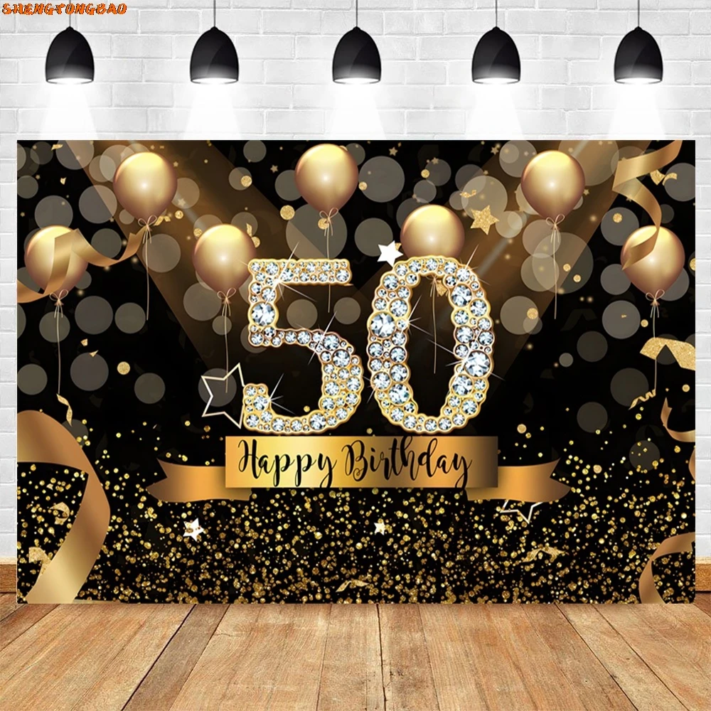 Adult Birthday Party Backdrop for Photography Golden Glitter Balloon 30 45 50 60 Years Old Birthday Decoration Photo Background