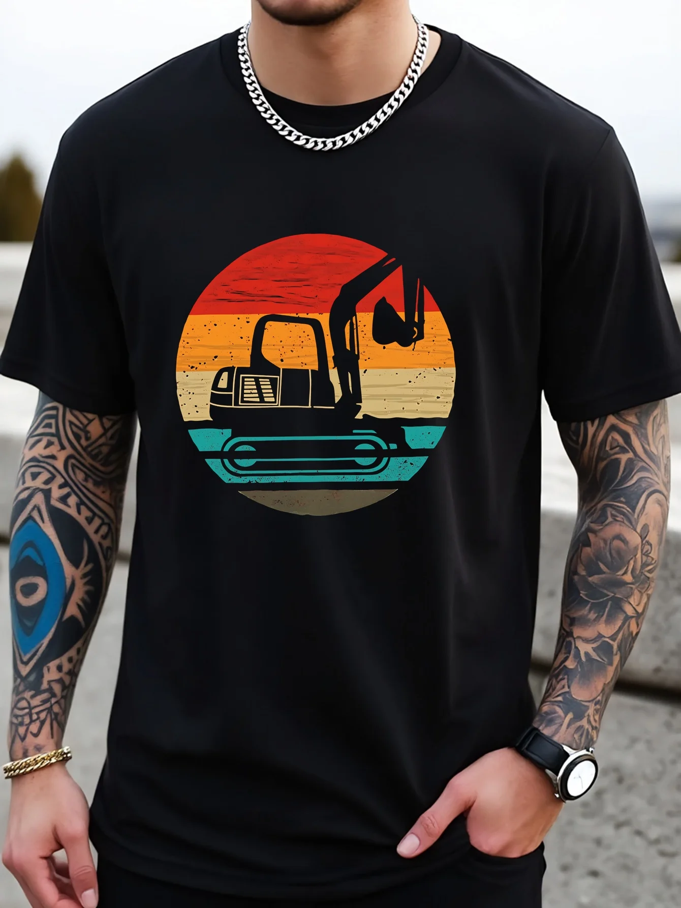 Men Cotton Tee Retro Excavator Sunset Graphic Short Sleeve Crew Neck Casual Street T Shirt For Construction Workers Summer Tops