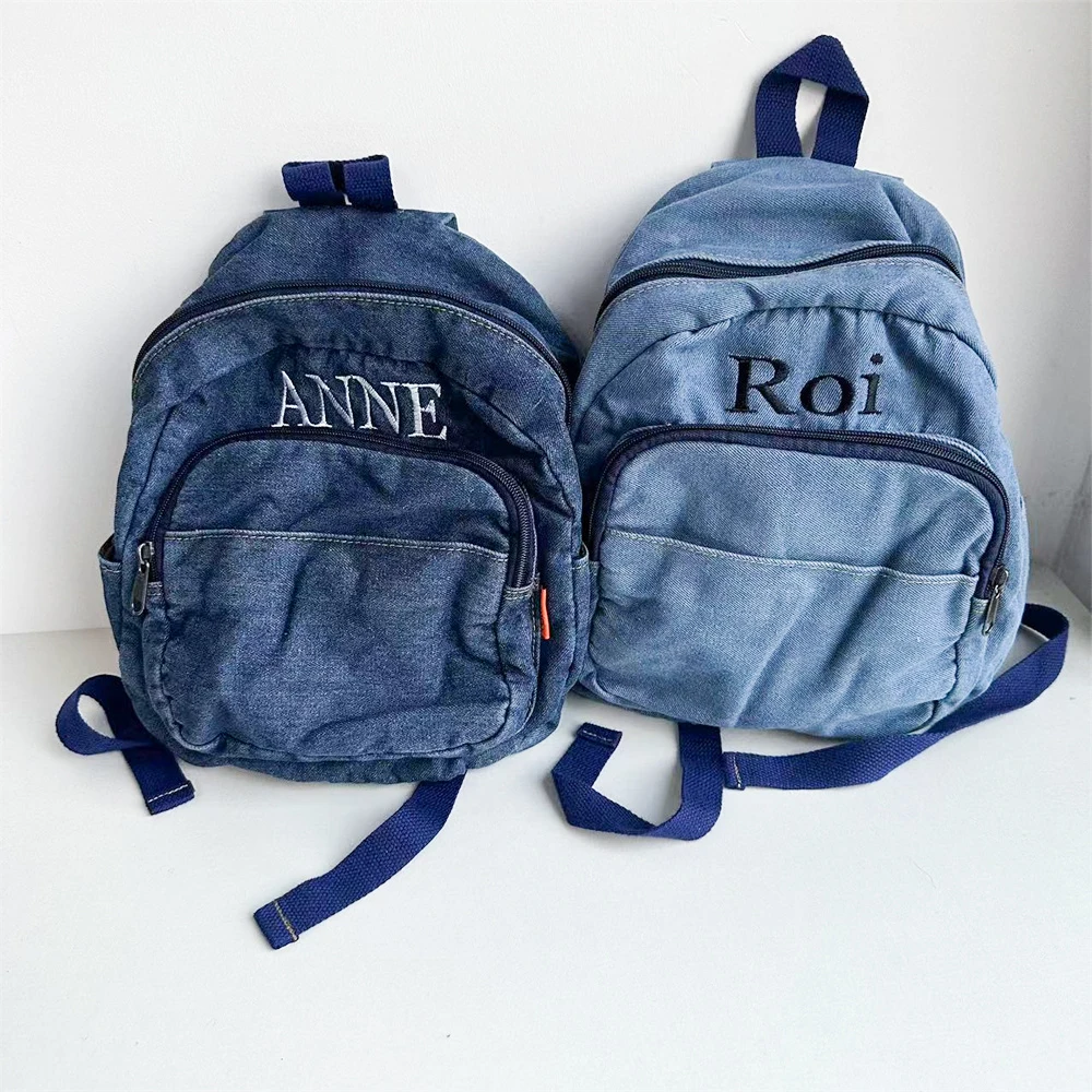 Frauen Denim Rucksack benutzer definierte gestickte Name Student ausgehende Umhängetasche personal isierte einfache Denim kleine Rucksäcke