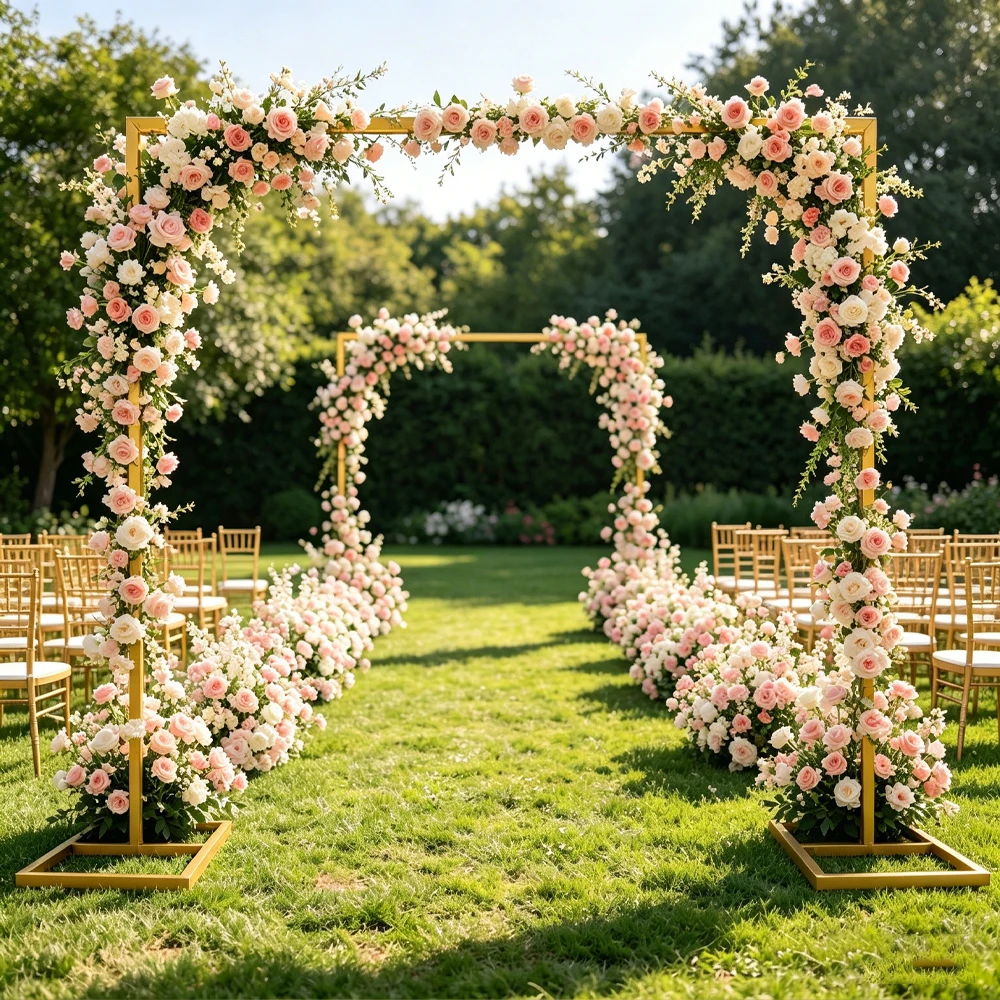 Arche de mariage en métal doré 3M 9,8x9,8FT, support d'arche carrée pour ballons et fleurs avec base, pour décoration de fête intérieure ou extérieure, jardin