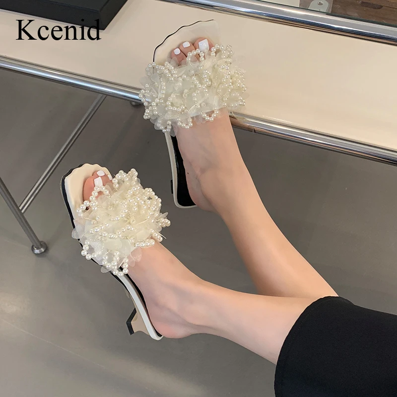 

Kcenid Summer Pearl Designer Low Heel Sandals Women Silk Butterfly-knot Square Toe Slippers Slip On Dress Slide Party Shoes