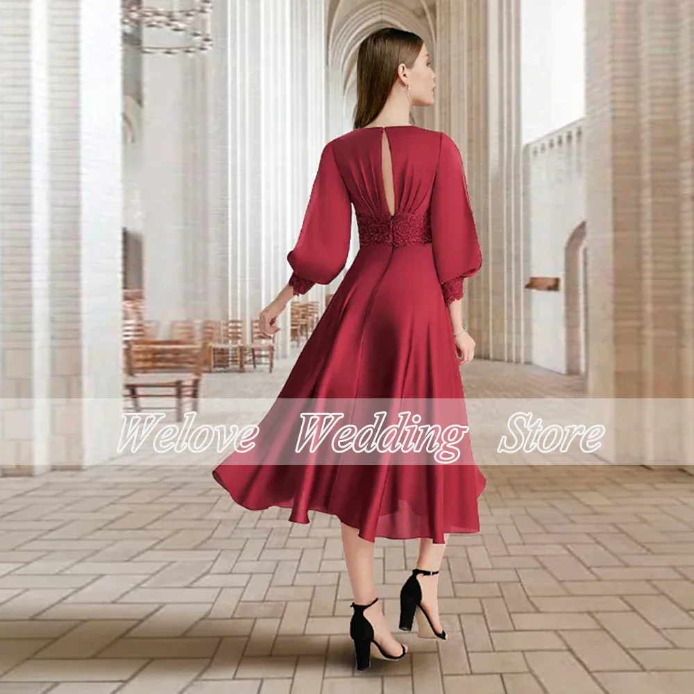 Elegant Dresses for Party Women A Line Short Tea Length Chiffon Puff Sleeve Applique Cheap Mother Of The Bridegroom Dress 2024