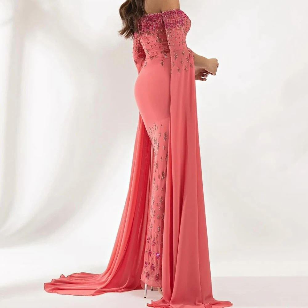 Crystal Sequined Straight Floor length Strapless Off the shoulder Chiffon Long Sleeves Exquisite and Temperament Evening Dresses