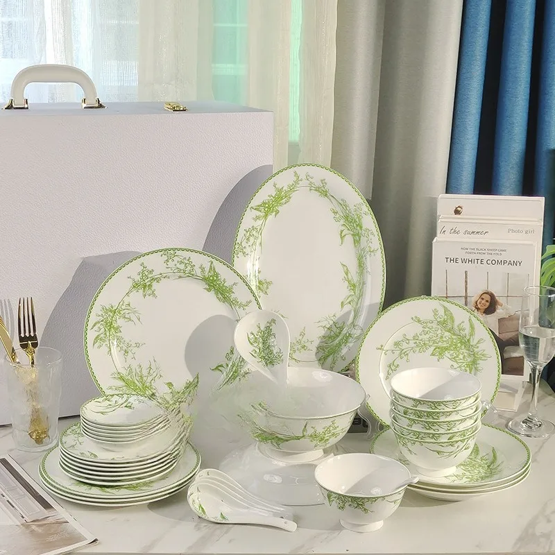 Lily of the valley green home hotel western food plate bowl spoon plate bone china tableware set