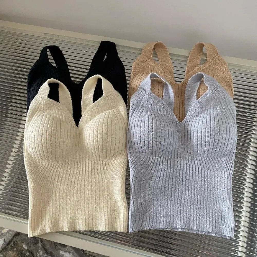 V-Neck Design Thermal Underwear Vest Chest Pad Heat-Generating Knitted Wool Vest One-Piece Cup Strap Style Slimming Inner Wear