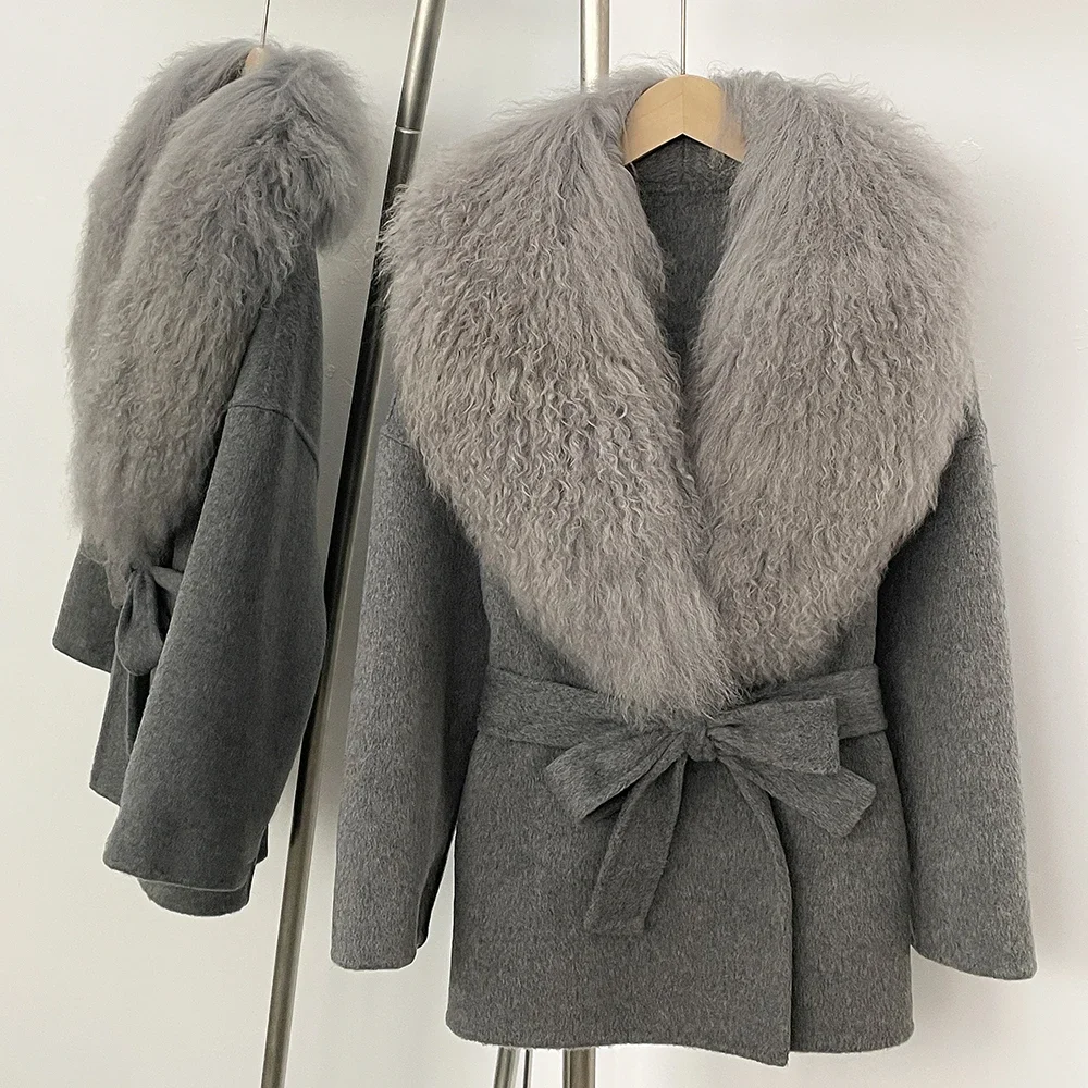 

2025 New Winter Women Real Fur Jacket Female Fashion Dignified Real Mongolian Fur Collar Woolen Overcoat Autumn Wool Blend Coat