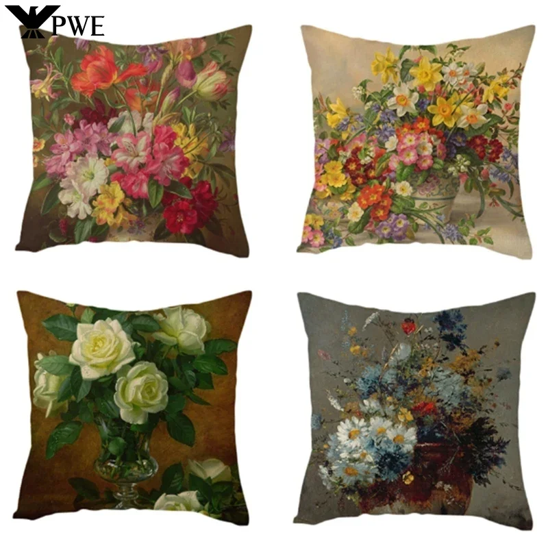 Linen Flowers Paintings Cushion Cover Roses and Vase Orange Pomegranate Throw Pillow Cover Floral Sofa Home Decor Pillowcases