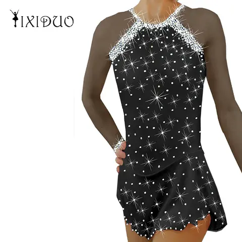 아이스 피겨 스케이팅 원피스 소녀, 청소년 블랙, 긴 소매 스판덱스, 어린이 대회, 볼룸 댄스 체육관 스커트, 도매 브래지어 Best5