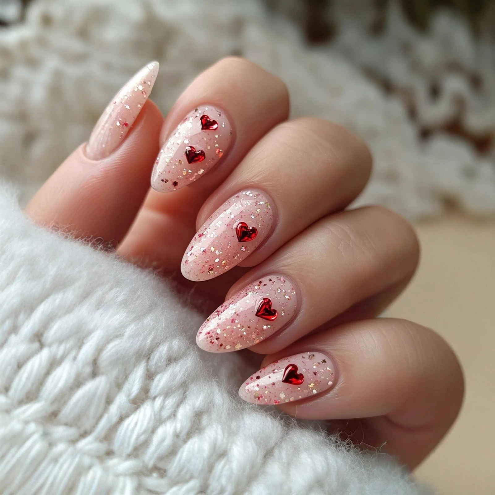 

Nude Color Almond Fake Nails 24Pcs Glossy Sequins Press On Nails Red Love Heart Decor Sweet Girls Charm Manicure Fake Nails Art