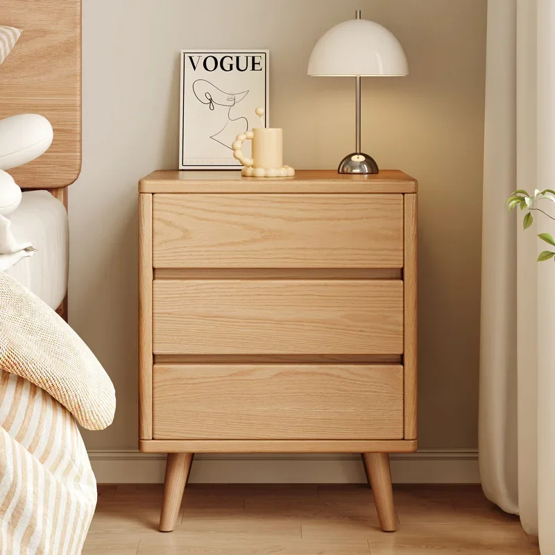 Solid Wood Bedside Cabinet Raised Height Two Tier Nightstand Modern Minimalist Small Space Rental Apartment Bedside Table