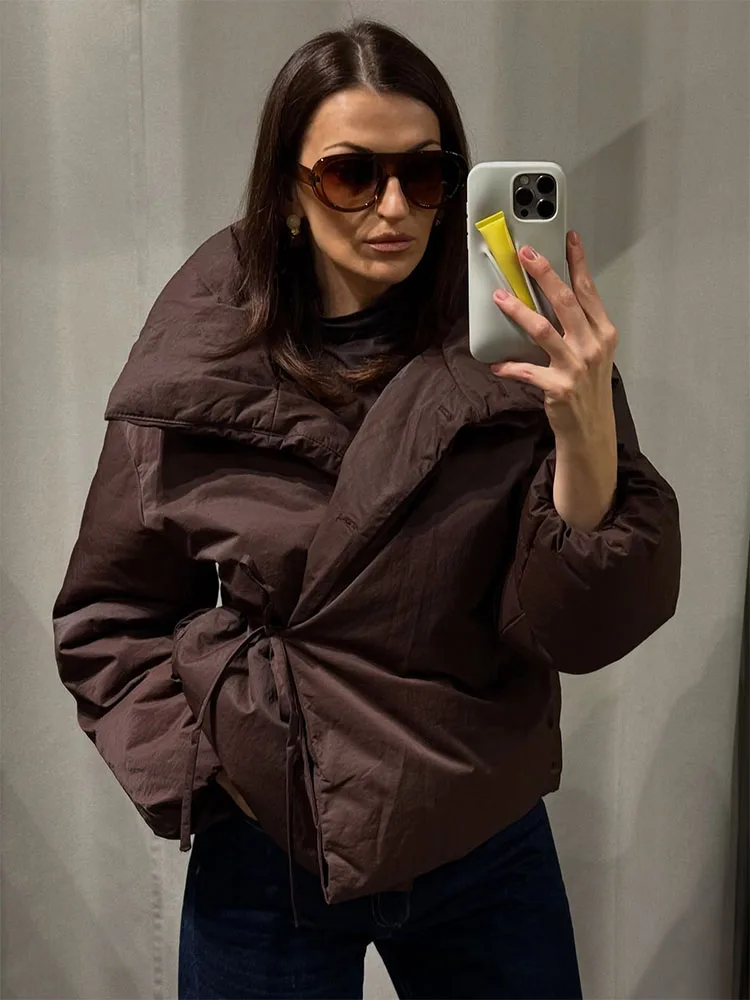 

HH Woman Casual High Collar Long Sleeve Slim Street Coat Women Winter Cotton Clothes Fashion Single-Breasted Lace-Up Brown Short