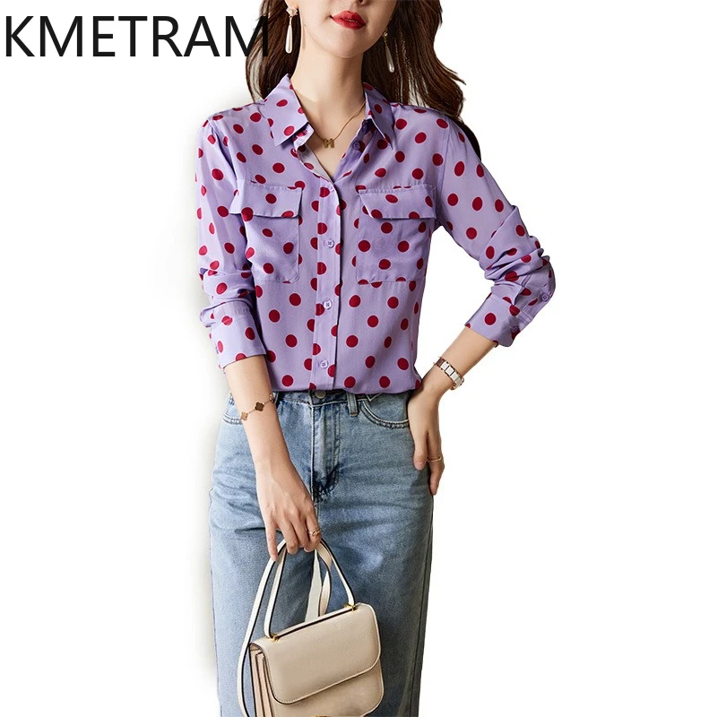 KMETRAM 100% Real Mulberry Silk Shirt for Woman Purple Polka Dot Blouse French Style Spring Tops New Women Clothes 2026 рубашка