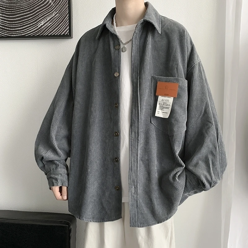 Korean Style Men's Loose Long Sleeve Corduroy Shirt Jacket with Chest Pocket Solid Color Button Down Dress Shirt Unisex Clothing