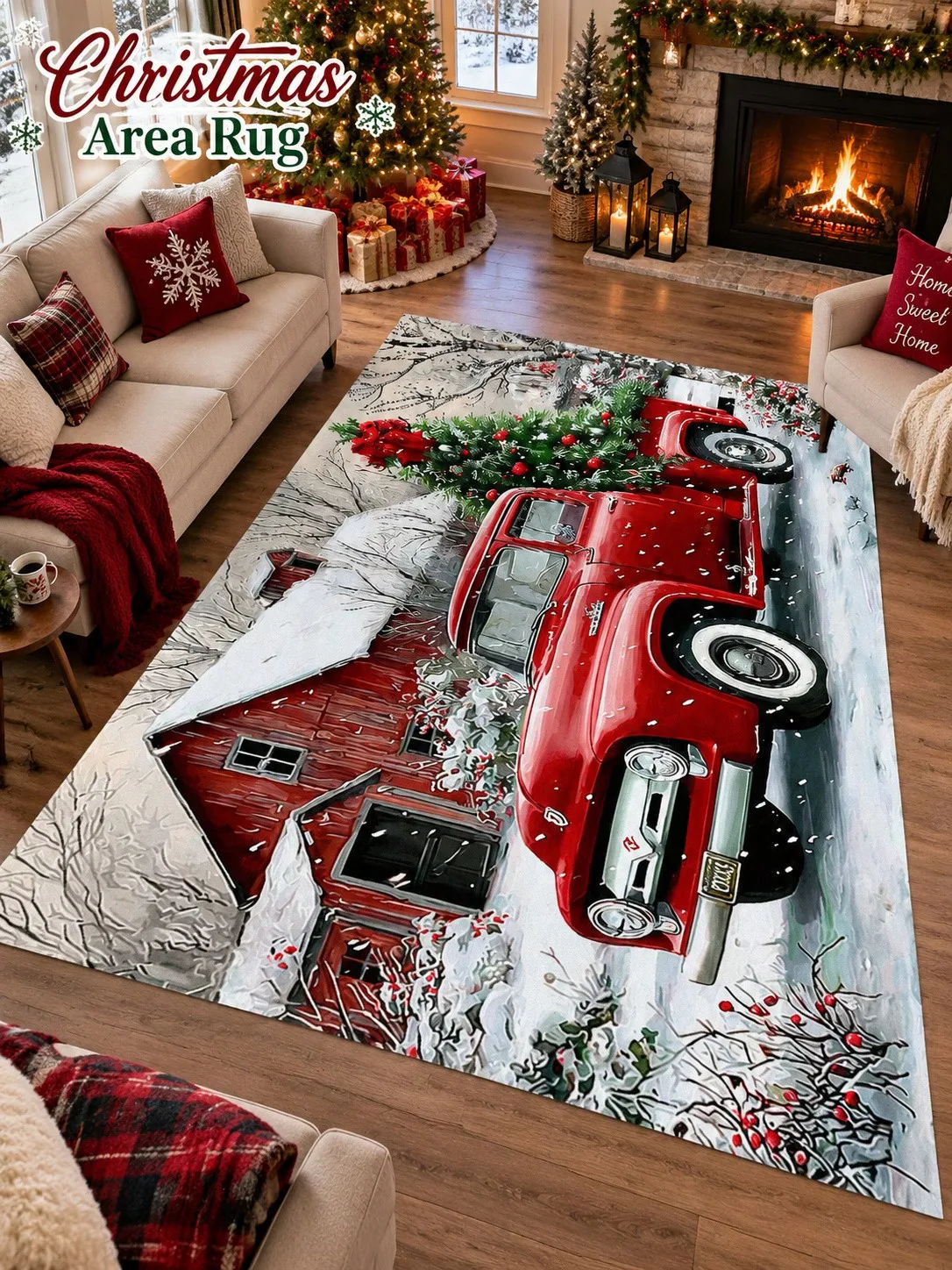 Christmas Rug Pickup Truck Barn Snow Living Room Bedroom Dining Area Entryway Floor Carpet Gift for Couples Family Neighbors Winter Thanksgiving Birthday Anniversary Housewarming Apartment Cottage Home Styling Sofa Side Reading Nook Holiday Gathering
