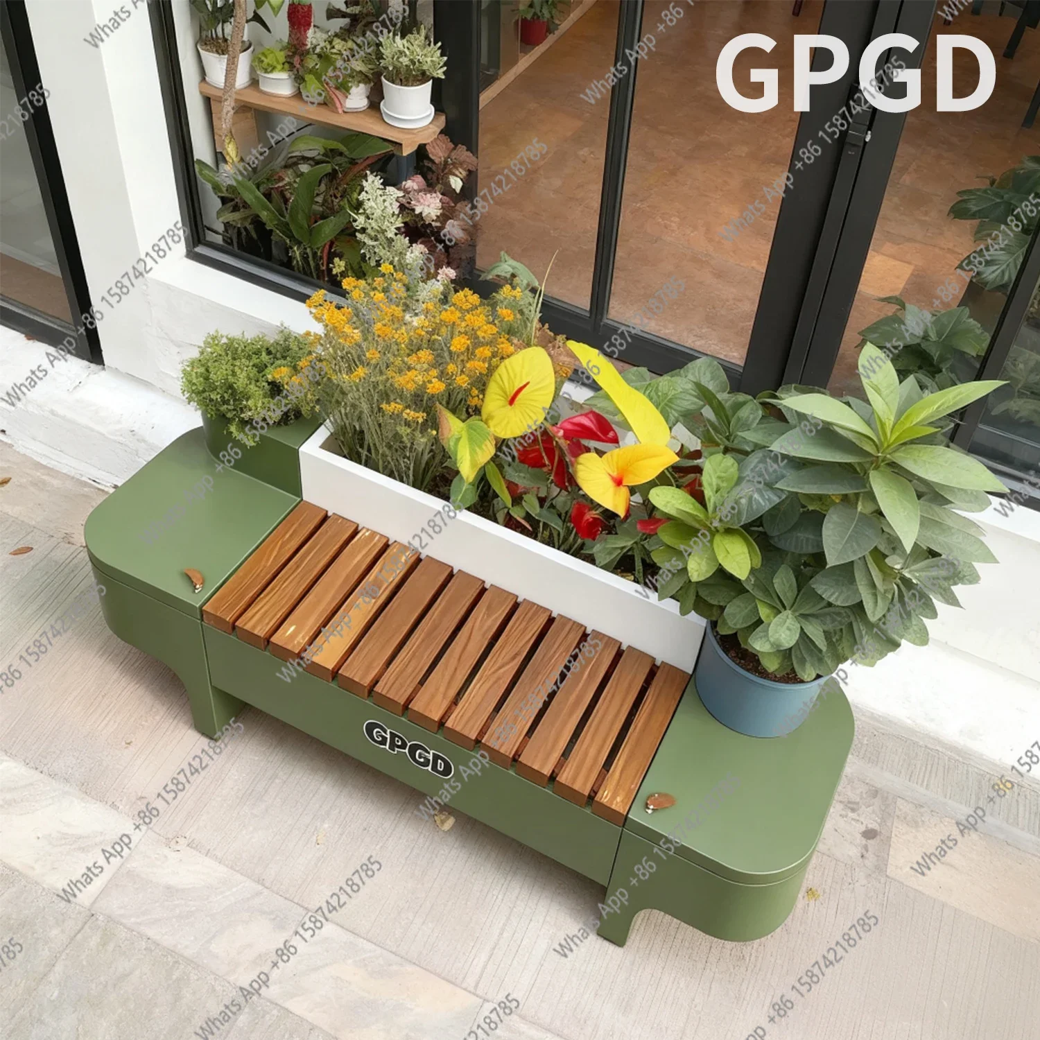 

A63 Outdoor seat seat stool card seat flower box combination wrought iron square commercial street rest stool landscape flower