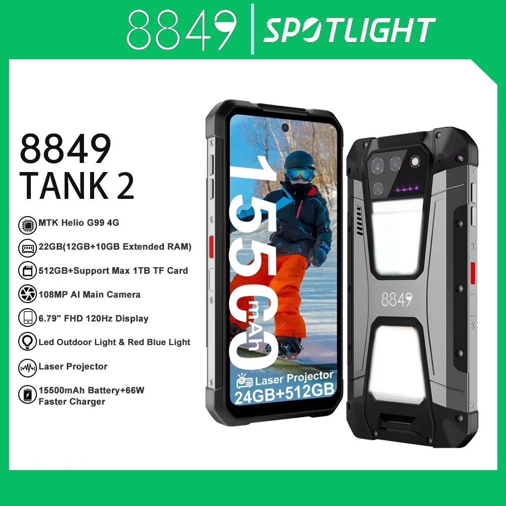 In Stock 8849 Tank 2 Rugged by Unihertz 256/512GB ROM 108MP Camping Light 64MP Super Night Vision G99 15500mAh TF NFC