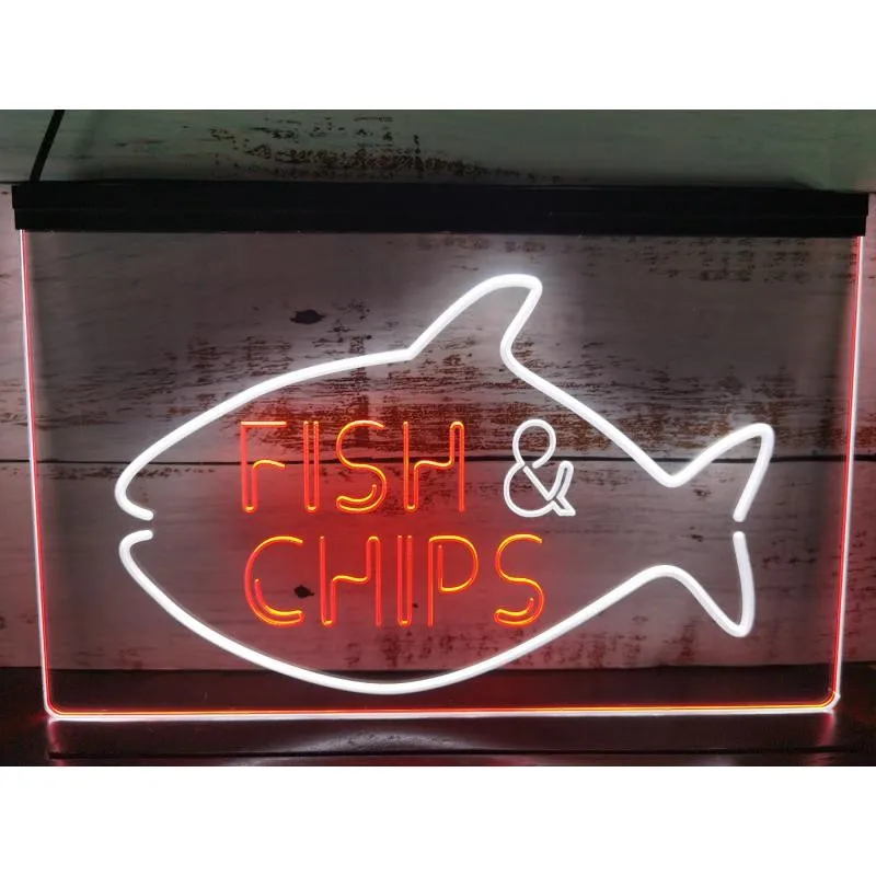 Fish & Chips Fast Food Open Display Dual Color LED Neon Sign 2 Color Display