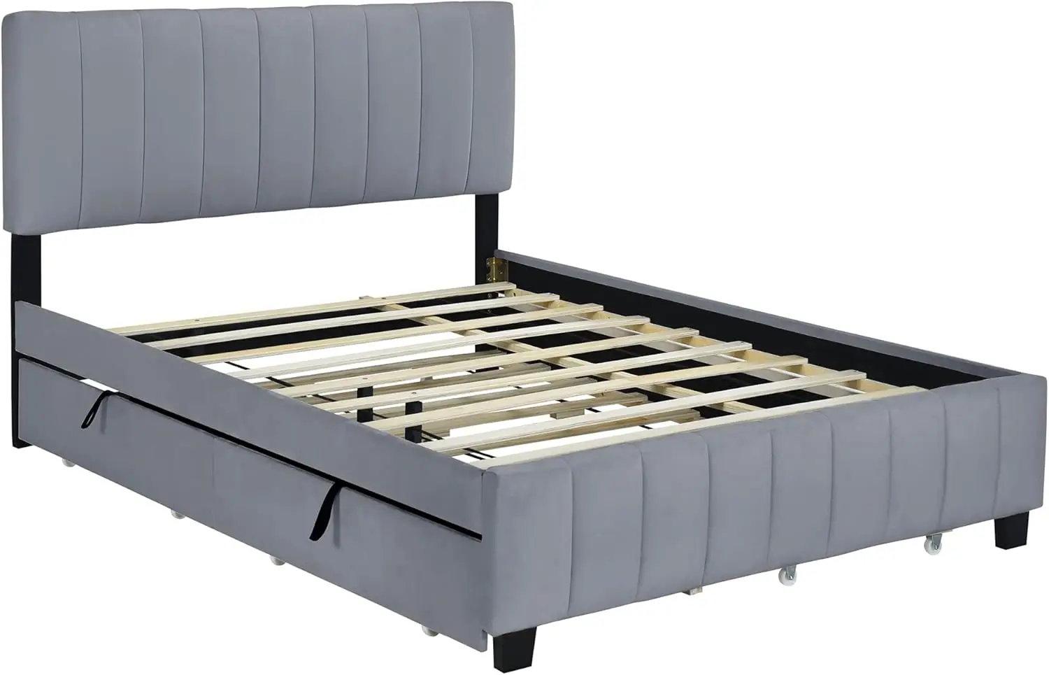 Velvet Queen Platform Bed With 2 Drawers & 1 Twin Xl Trundle, Upholstered Queen Size Bed Frame With Storage & Headboard For