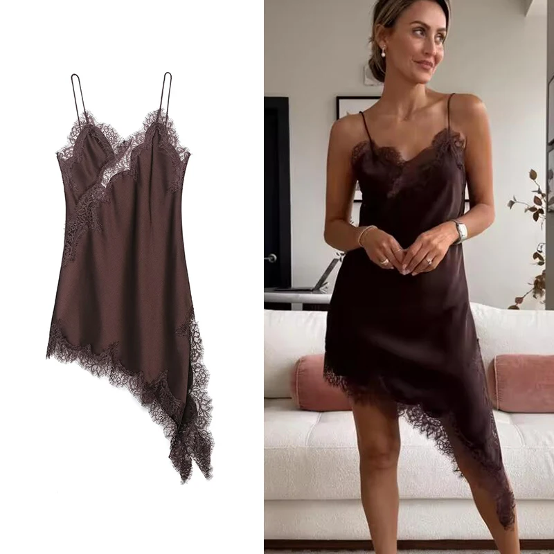 TFMLN Women  Lace Splicing Dresses Summer Solid Sleeveless Asymmetry Dress Backless Slim Women's  Party Sling Mini Dress