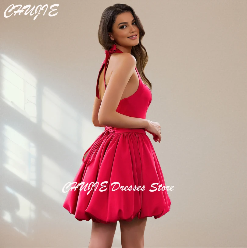 

Rea Halter Mini Cocktail Dresses For Woman Puffy A Line Pleat Short Wedding Prom Dress Gown Mini Graduation Dress Customized