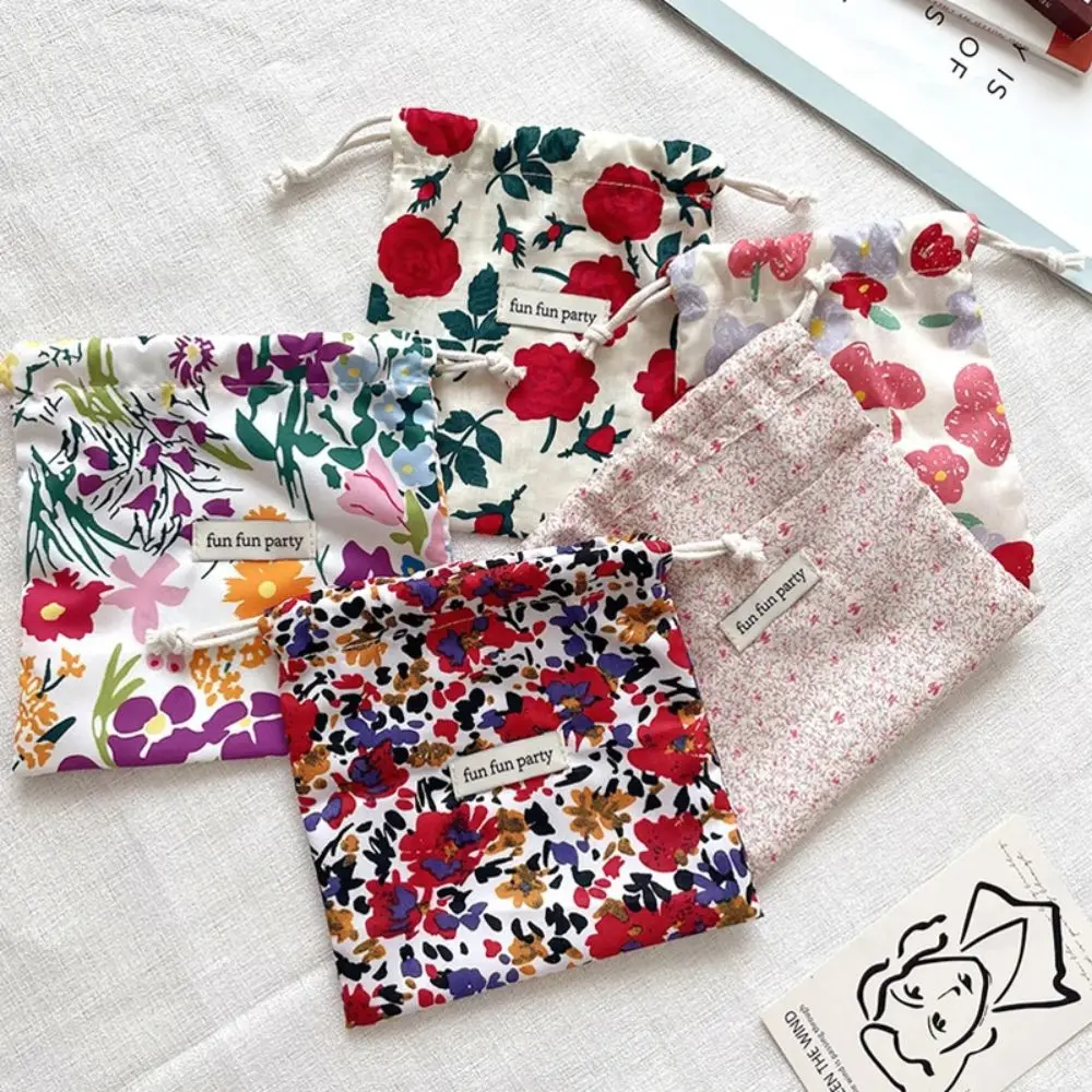 Creative Colorful Floral Drawstring Bag Mini Ins Style Makeup Bag Cosmetic Bag Retro Storage Pouch Women
