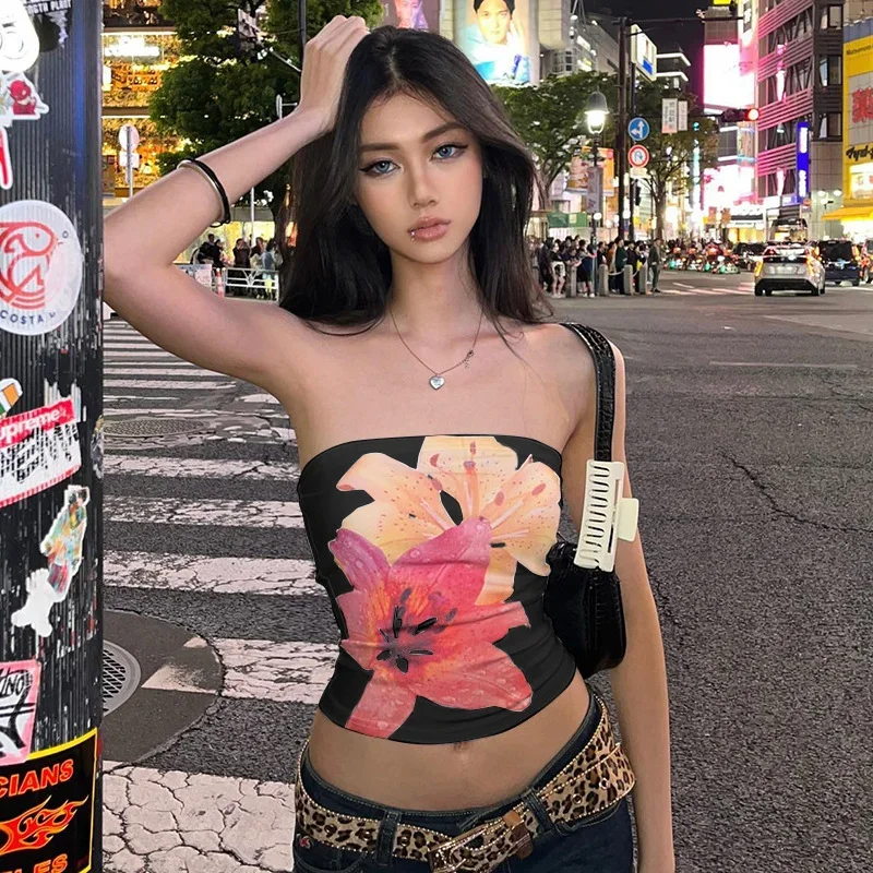 

Sexy Floral Print Bustier Short Strapless Top One-Piece Sleeveless Slim-Fit Fashion Tops For Women Casual Neckless Y2k Bra Top