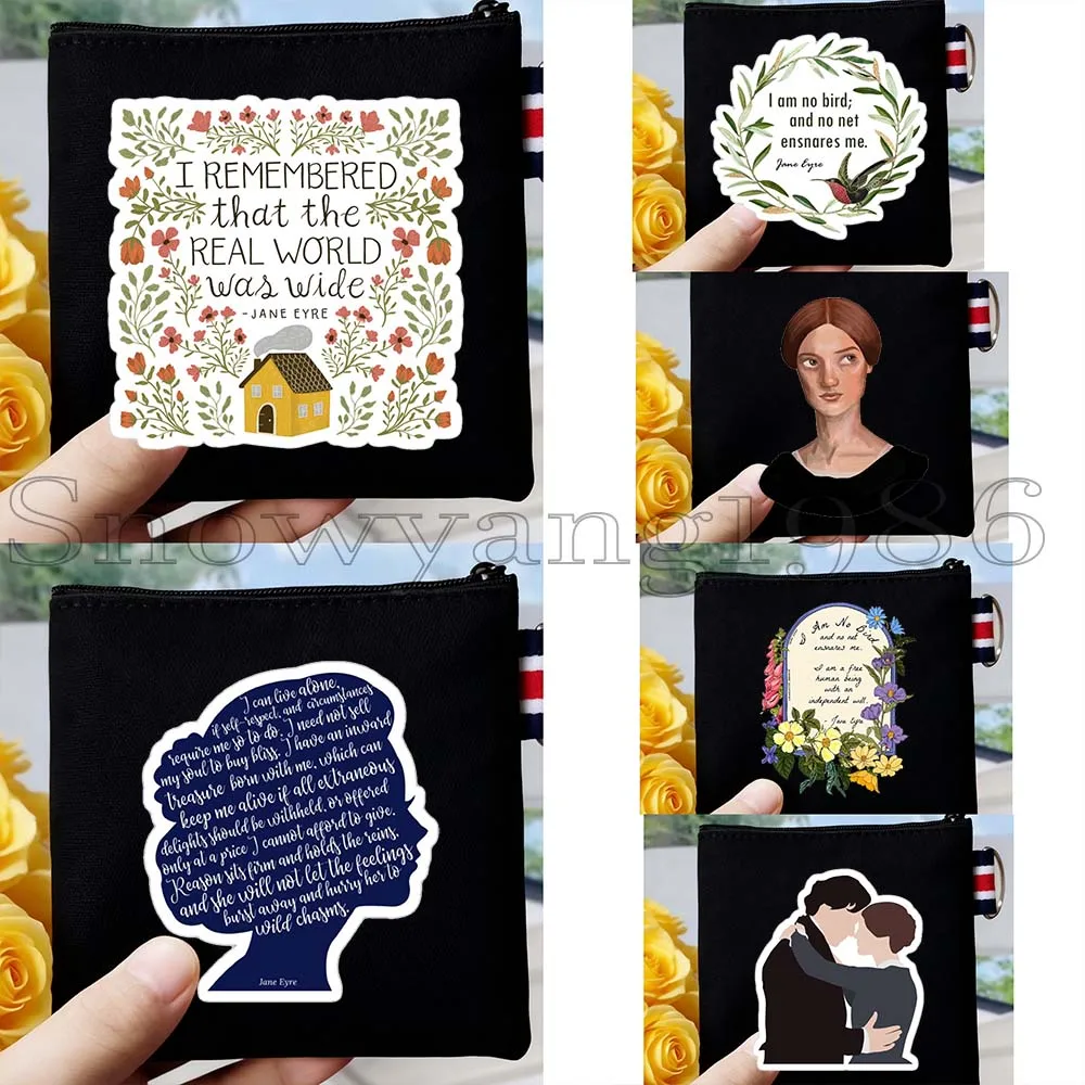 

6PCS Jane Eyre Art Novel Lover Gifts I Am No Bird World Was Wide Quote Print Canvas Coin Purse Key Case Bag Wallet Zipper Pouch