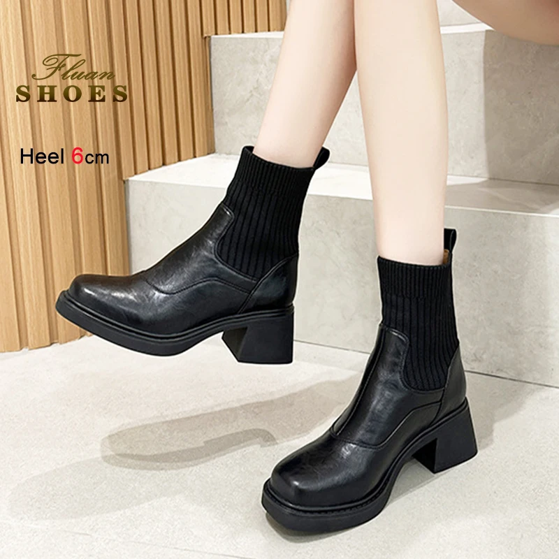 

2026 Spring Autumn New Knitted Ankle Boots Fashion Socks Shoes Women Square Toe Winter Genuine Leather High Heels Botas Mujer