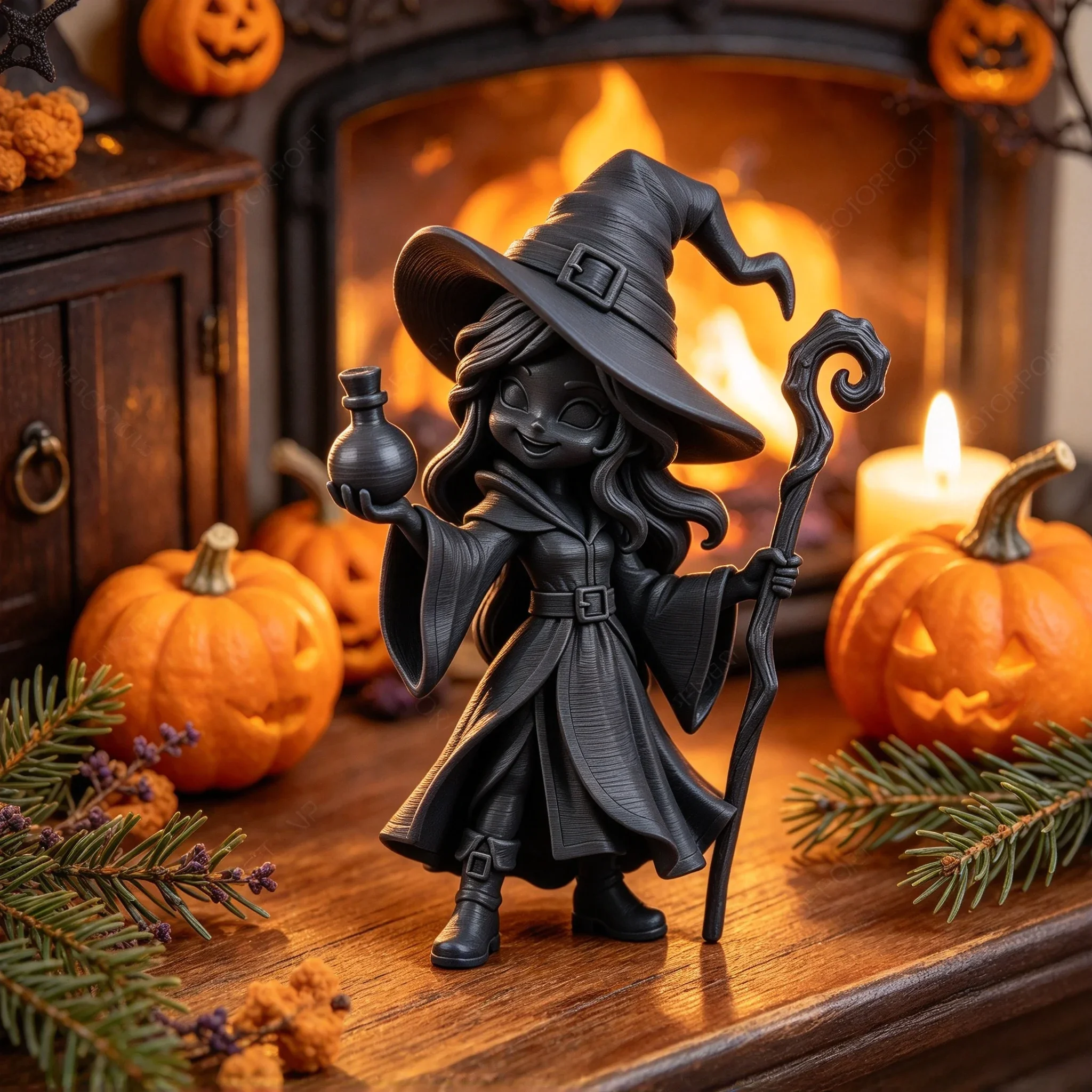 Cute Witch Figurine 3D Printed Magic Witch with Potion and Staff Halloween Desktop Ornaments for Home Office Shelf Display Decor