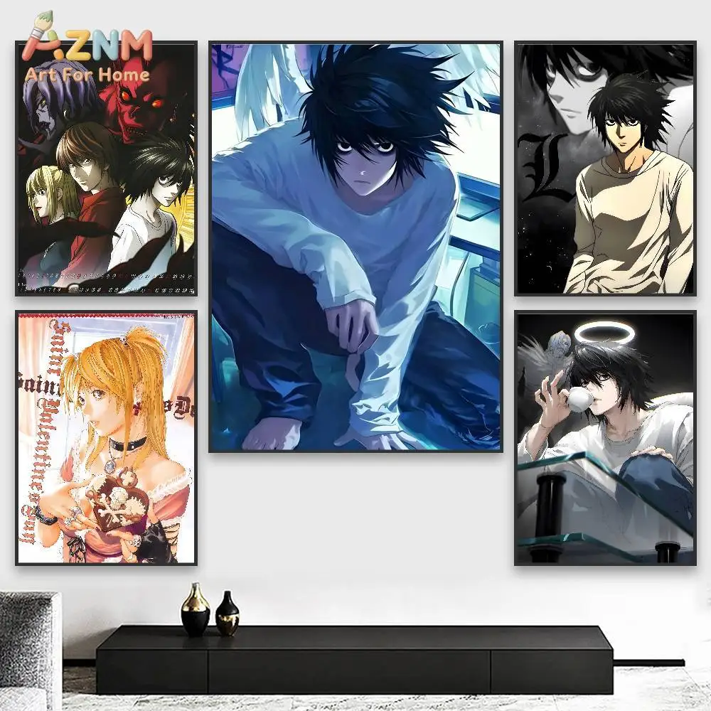 AZNM Death Note Anime Characters L Lawliet and Misa Amane Frameless Canvas Wall Art, Japanese Manga Poster for Bedroom and Livin
