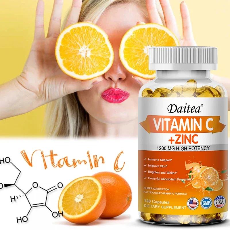 Vitamin C + Zinc Capsules - Immune System Booster Antioxidant Helps Improve Skin Brightening Supports Cellular Energy Production