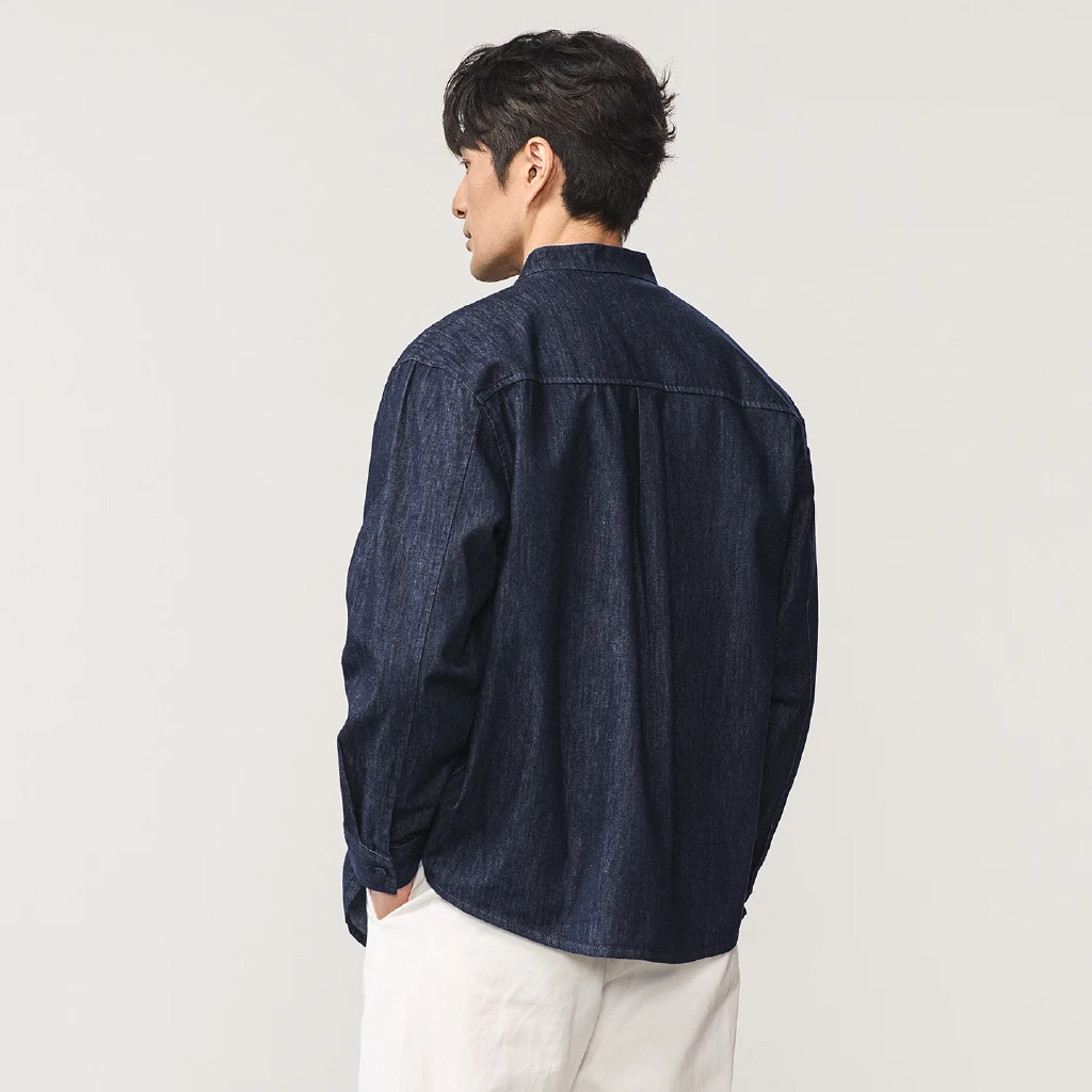 Men Plaid Splice Denim Stand Collar Fashion Vintage Commute Loose Casual Long Sleeve Shirts Male Jeans Blouses