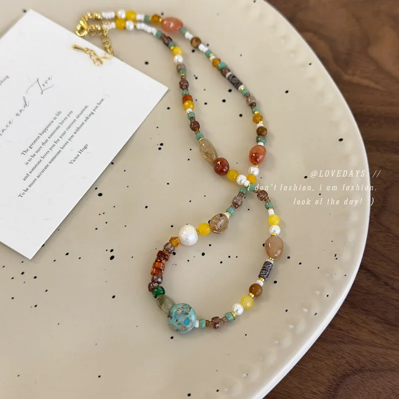 Colored Glass Pearl Natural Stone Beaded Collarbone Chain Unique Design Premium Quality Choker for Women Daily Party Travel Gift