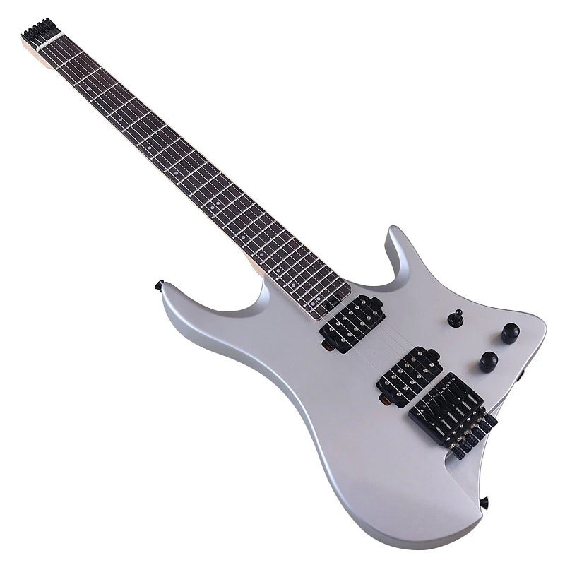 Imported Pickup 6 String Headless Electric Guitar 30 Inch Solid Okoume Body Headless Guitar Silver Color With Canada Maple Neck