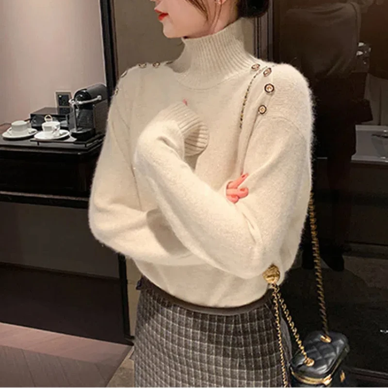 All-match Solid Color Pullover Long Sleeve Women\'s Clothing Autumn Winter High-neck Screw Thread Sweater Knitted Elegant Tops