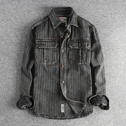 Heavy British retro black gray striped denim shirt for men new autumn end single cargo pocket shirt coat