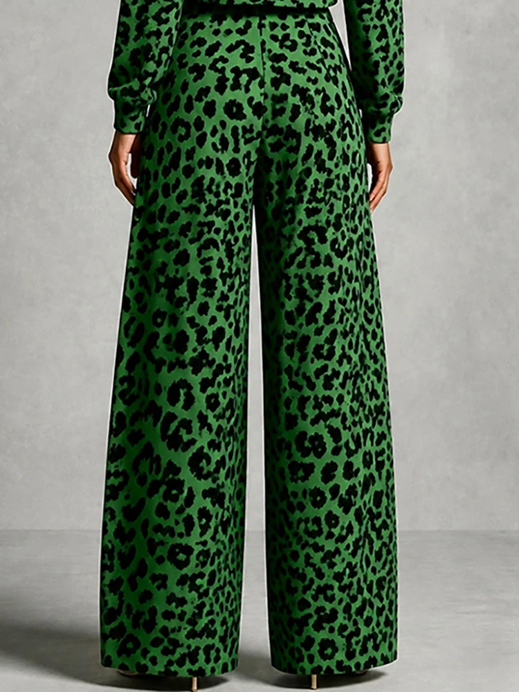 UOOZEE Women's Trendy Contrast Color Print Wide Leg Matching Pants High Waist Pleated Loose Pockets Casual Full‑Length Trousers