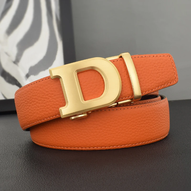 

High Quality luxury Simple G letter automatic buckle belts man waist strap full grain leather Orange formal trousers Waistband