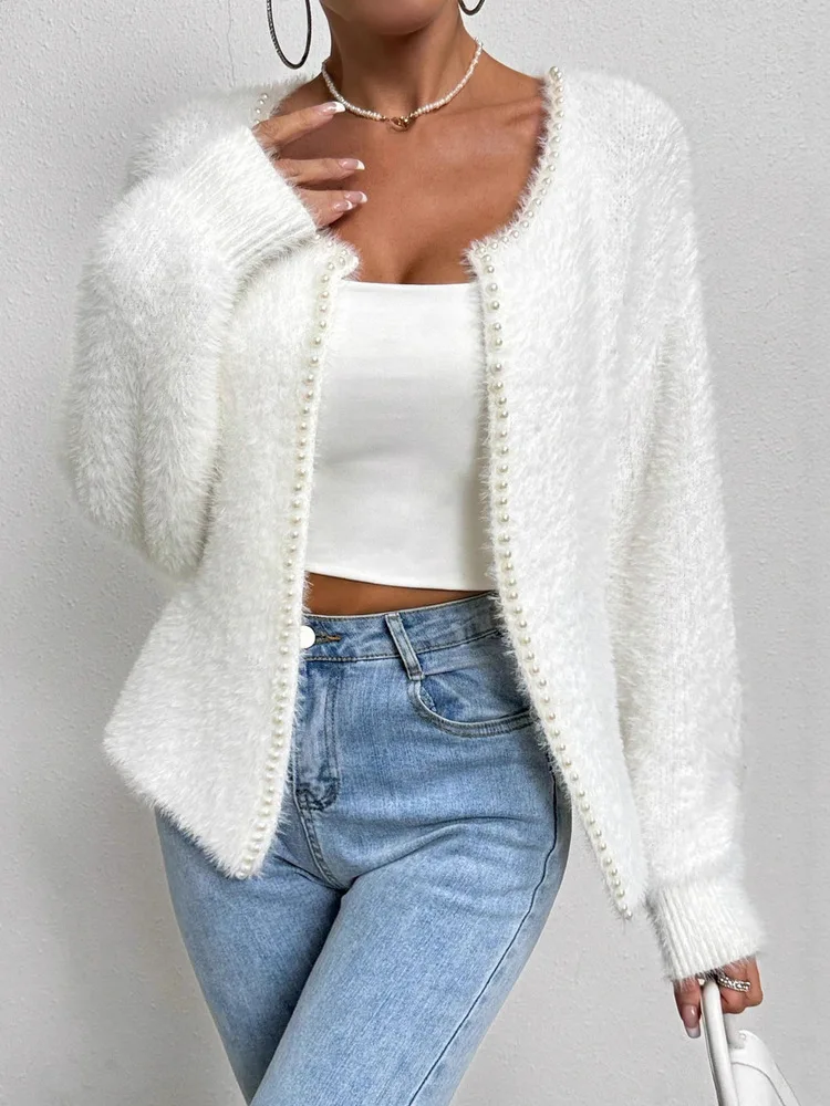 

White Elegant Soft Cardigan Women 2025 V Neck Fashion Beading Knitted Tops Office Lady Casual Sweaters Coats