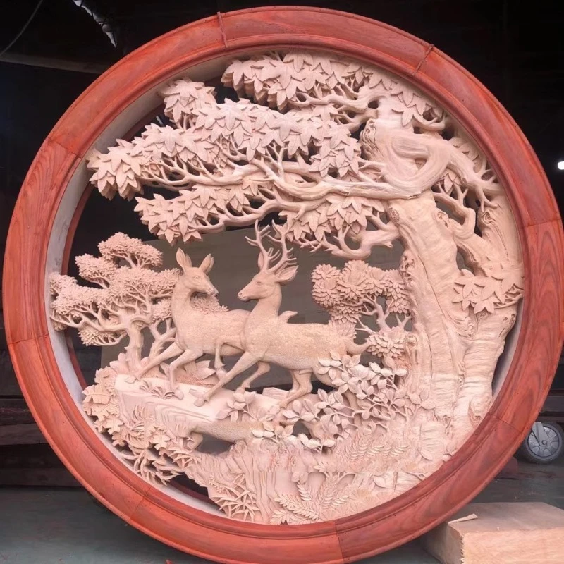 Dongyang wood carving carving disc pendant, lotus fish and bird hollow solid wood gift wall hanging wooden log