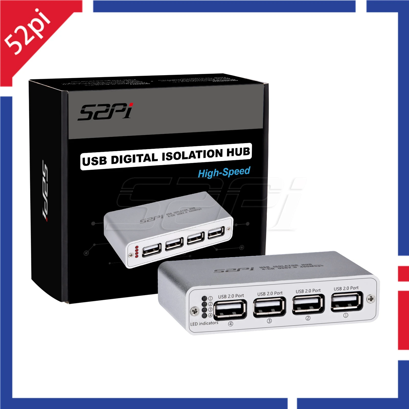 52Pi 4-Port USB 2.0 Isolator Hub, ADuM3165 USB Digital Isolation Module with Power Adapter, Up to 480 Mbps High-Speed USB Splitt