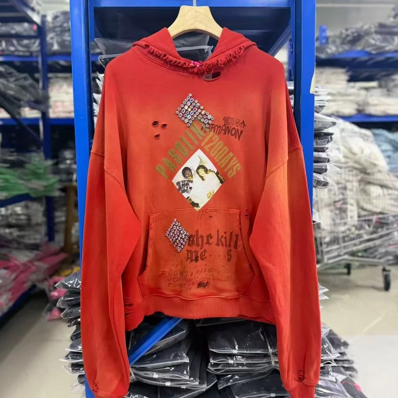 American Vintage Destroyed Hoodie Red Faded Fringe Trim Crystal Print Loose Short Hooded Pullover