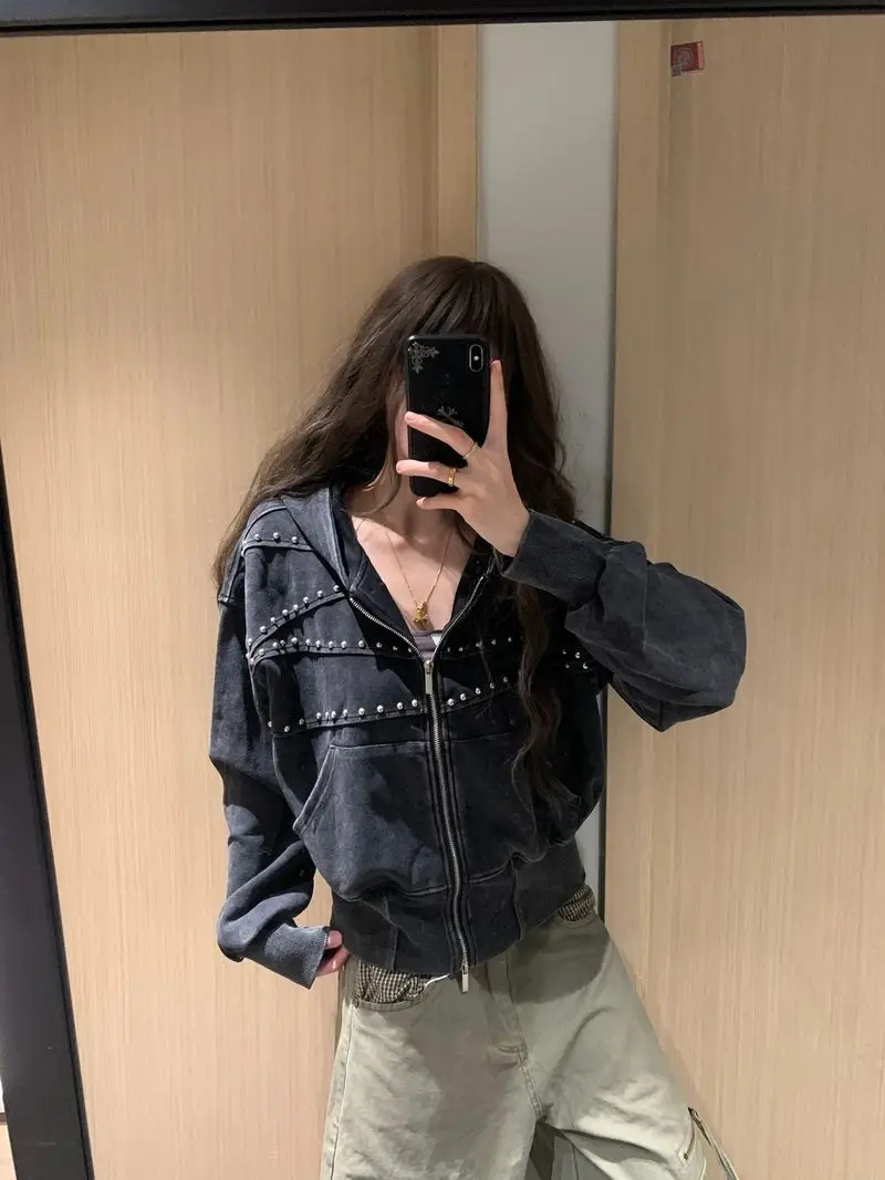 American Style Street Rivet Hooded Open Cardigan Sweatshirt Spring Autumn Women Short Waist Design Casual Loose Zipper Jacket