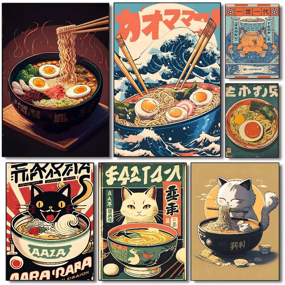 Vintage Illustrator Japan Ramen Kunstposter HD-Kunst Selbstklebende Wanddekoration Wasserfest Wohnzimmer Schlafzimmer Bar Ästhetische Dekoration